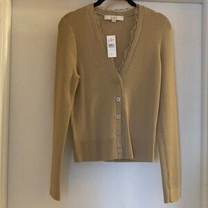 LOFT Beige Lace-Trim V-Neck Cardigan